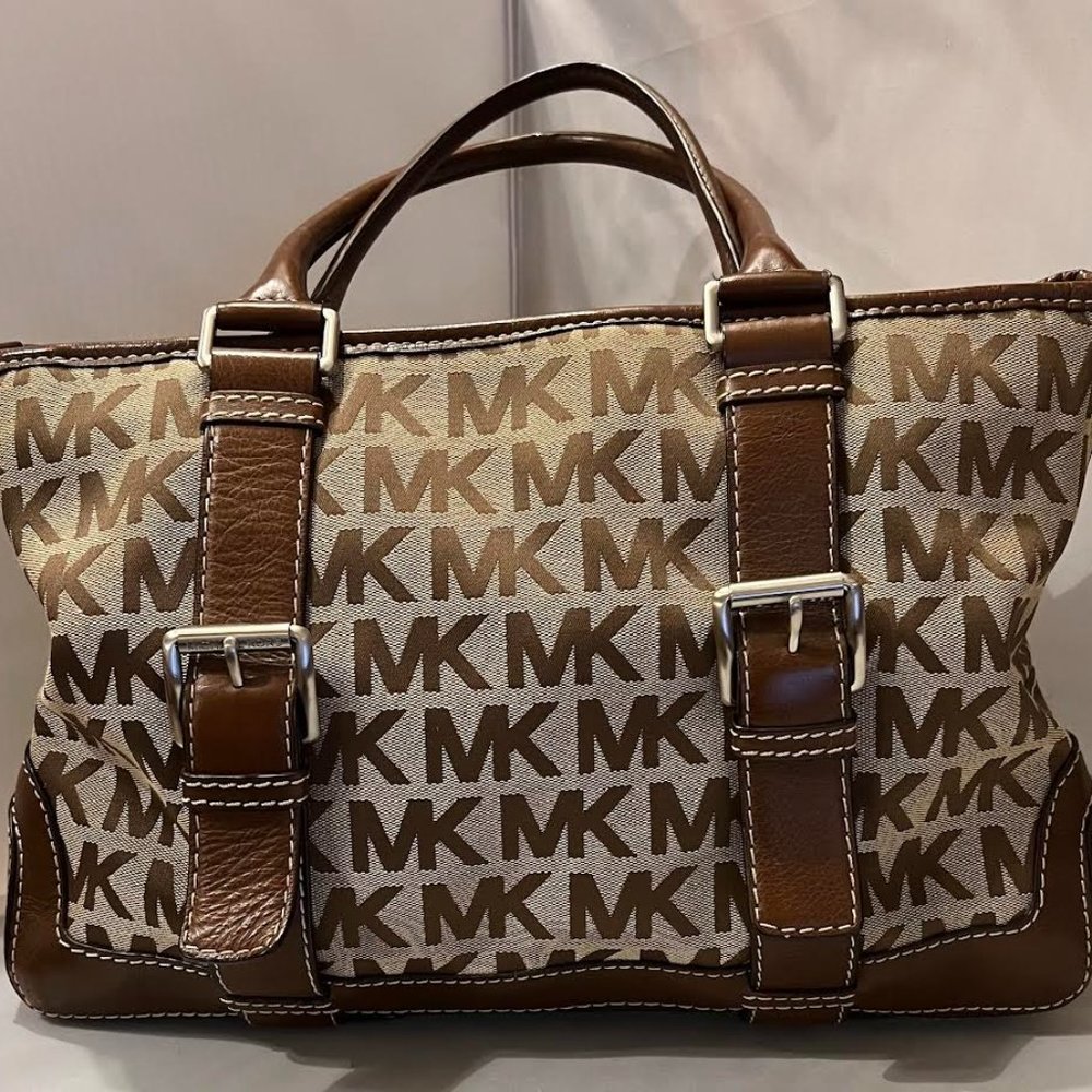 MICHAEL KORS purse/hand bag, brown & tan jacquard & leather